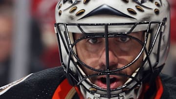 NEWARK, NEW JERSEY - DECEMBER 18: Ryan Miller #30 of the Anaheim Ducks tends net against the New Jersey Devils during the second period at the Prudential Center on December 18, 2019 in Newark, New Jersey. (Photo by Bruce Bennett/Getty Images)