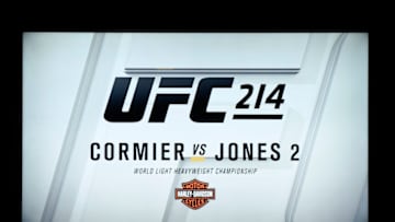 LOS ANGELES, CA - JULY 26: A banner on TV screen advertises the upcoming UFC fight between Daniel Cormier Jon Jones during the UFC 214-Press Conference July 26, 2017, in Los Angeles, California. (Photo by Kevork Djansezian/Zuffa LLC via Getty Images)