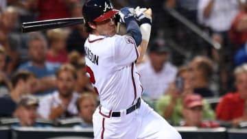 Aug 17, 2016; Atlanta, GA, USA; Atlanta Braves shortstop Dansby Swanson (2) collects his first major league base hit against the Minnesota Twins during the fourth inning at Turner Field. Mandatory Credit: Dale Zanine-USA TODAY Sports