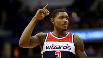 WASHINGTON, DC - OCTOBER 18: Bradley Beal #3 of the Washington Wizards looks on during the second half against the Miami Heat at Capital One Arena on October 18, 2018 in Washington, DC. NOTE TO USER: User expressly acknowledges and agrees that, by downloading and or using this photograph, User is consenting to the terms and conditions of the Getty Images License Agreement. (Photo by Will Newton/Getty Images)