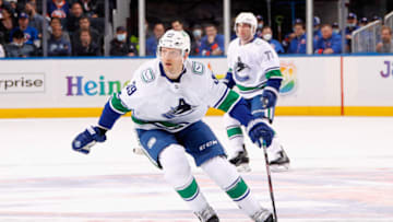 ELMONT, NEW YORK - MARCH 03: Alex Chiasson #39 of the Vancouver Canucks skates against the New York Islanders at the UBS Arena on March 03, 2022 in Elmont, New York. (Photo by Bruce Bennett/Getty Images)