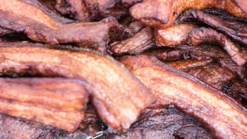 TORONTO, ONTARIO, CANADA - 2016/08/13: Slices of cooked bacon, full frame image. Pan American Food Festival Yonge Dundas Square. (Photo by Roberto Machado Noa/LightRocket via Getty Images)