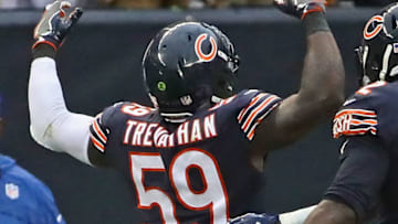 CHICAGO, IL - OCTOBER 22: Danny Trevathan #59 of the Chicago Bears celebrates after returning an interception against the Carolina Panthers at Soldier Field on October 22, 2017 in Chicago, Illinois. The Bears defeated the Panthers 17-3. (Photo by Jonathan Daniel/Getty Images)