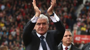 STOKE ON TRENT, ENGLAND - AUGUST 19: Mark Hughes, the Stoke City manager acknowledges the crowd during the Premier League match between Stoke City and Arsenal at Bet365 Stadium on August 19, 2017 in Stoke on Trent, England. (Photo by David Rogers/Getty Images)