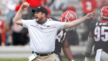 Defensive coordinator and outside linebackers coach Dan Lanning during warm-ups before the start of the Georgia G-Day Spring game on April 17.(Photo By Joshua L Jones/ Online Athens)
