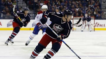 Nov 4, 2016; Columbus, OH, USA; Columbus Blue Jackets left wing Matt Calvert (11) carries the puck against the Montreal Canadiens during the second period at Nationwide Arena. Mandatory Credit: Russell LaBounty-USA TODAY Sports