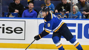 ST. LOUIS, MO - FEBRUARY 06: St. Louis Blues rightwing Scottie Upshall (9) with the puck in the first period during an NHL game between the Minnesota Wild and the St. Louis Blues on February 06, 2018, at Scottrade Center, St. Louis, MO. (Photo by Keith Gillett/Icon Sportswire via Getty Images)