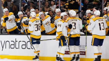 Cole Smith #36 of the Nashville Predators celebrates his empty-net goal against the Boston Bruins during the third period at the TD Garden on March 28, 2023 in Boston, Massachusetts. The Predators won 2-1.(Photo by Richard T Gagnon/Getty Images)