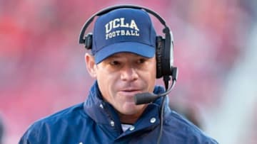 Nov 21, 2015; Salt Lake City, UT, USA; UCLA Bruins head coach Jim Mora during the second half against the Utah Utes at Rice-Eccles Stadium. UCLA won 17-9. Mandatory Credit: Russ Isabella-USA TODAY Sports
