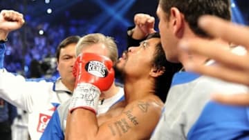 Dec 8, 2012; Las Vegas, NV, USA; Manny Pacquiao before his welterweight bout against Juan Manuel Marquez (not pictured) at MGM Grand Garden Arena. Juan Manuel Marquez won the bout by sixth round knockout. Mandatory Credit: Joe Camporeale-USA TODAY Sports