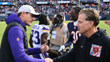 Oct 15, 2023; Chicago, Illinois, USA; Minnesota Vikings head coach Kevin O'Connell (left) shakes hands with Chicago Bears head coach Matt Eberflus after their game at Soldier Field. Mandatory Credit: Jamie Sabau-USA TODAY Sports