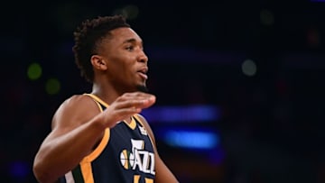 LOS ANGELES, CA - OCTOBER 10: Donovan Mitchell #45 of the Utah Jazz celebrates a lead during a 105-99 win over the Los Angeles Lakers at Staples Center on October 10, 2017 in Los Angeles, California. (Photo by Harry How/Getty Images)