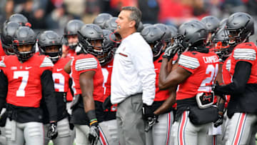 COLUMBUS, OH - NOVEMBER 26: Head coach Urban Meyer of the Ohio State Buckeyes warms up his team on the field prior to the game against the Michigan Wolverines at Ohio Stadium on November 26, 2016 in Columbus, Ohio. (Photo by Jamie Sabau/Getty Images)