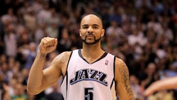 SALT LAKE CITY - APRIL 30: Carlos Boozer #5 of the Utah Jazz celebrates after a Jazz basket during their game against the Denver Nuggets during Game Six of the Western Conference Quarterfinals of the 2010 NBA Playoffs at EnergySolutions Arena on April 30, 2010 in Salt Lake City, Utah. NOTE TO USER: User expressly acknowledges and agrees that, by downloading and or using this photograph, User is consenting to the terms and conditions of the Getty Images License Agreement. (Photo by Ezra Shaw/Getty Images)