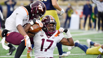 SOUTH BEND, INDIANA - NOVEMBER 02: Divine Deablo #17 of the Virginia Tech Hokies reacts after his interception in the second half against the Notre Dame Fighting Irish at Notre Dame Stadium on November 02, 2019 in South Bend, Indiana. (Photo by Quinn Harris/Getty Images)