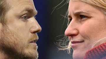 (EDITOR'S NOTE: COMPOSITE OF IMAGES - Image numbers 1384915869, 1309608755 - GRADIENT ADDED AND IMAGE 1384915869 REVERSED) A comparison between Arsenal Women Head Coach, Jonas Eidevall (L) and Emma Hayes, Manager of Chelsea (Photo by Justin Setterfield/Getty Images)