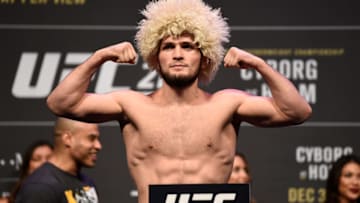 LAS VEGAS, NV - DECEMBER 29: Khabib Nurmagomedov of Russia poses on the scale during the UFC 219 weigh-in inside T-Mobile Arena on December 29, 2017 in Las Vegas, Nevada. (Photo by Jeff Bottari/Zuffa LLC/Zuffa LLC via Getty Images)