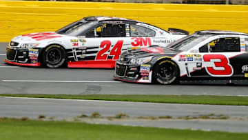 May 21, 2016; Concord, NC, USA; Sprint Cup Series driver Chase Elliott (24) and Sprint Cup Series driver Austin Dillon (3) duel down the front stretch during the Sprint Showdown at Charlotte Motor Speedway. Mandatory Credit: Jim Dedmon-USA TODAY Sports