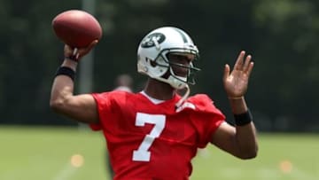 Jun 17, 2014; Florham Park, NJ, USA; New York Jets quarterback Geno Smith (7) throws a pass during minicamp at Atlantic Health Training Center. Mandatory Credit: Noah K. Murray-USA TODAY Sports