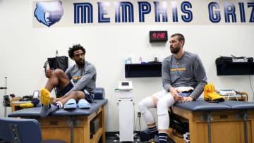 MEMPHIS, TN - APRIL 20: Mike Conley #11 and Marc Gasol #33 of the Memphis Grizzlies in the training before the game against the San Antonio Spurs during Game Three of the Western Conference Quarterfinals of the 2017 NBA Playoffs on April 20, 2017 at FedExForum in Memphis, Tennessee. NOTE TO USER: User expressly acknowledges and agrees that, by downloading and/or using this photograph, user is consenting to the terms and conditions of the Getty Images License Agreement. Mandatory Copyright Notice: Copyright 2017 NBAE (Photo by Joe Murphy/NBAE via Getty Images)