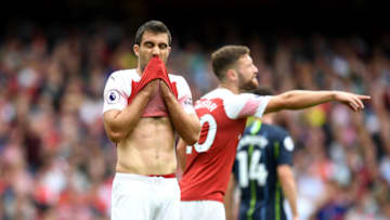 LONDON, ENGLAND - AUGUST 12: Sokratis Papastathopoulos of Arsenal reacts following the Premier League match between Arsenal FC and Manchester City at Emirates Stadium on August 12, 2018 in London, United Kingdom. (Photo by Michael Regan/Getty Images)
