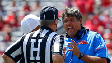 OXFORD, MS - SEPTEMBER 9: Head Coach Matt Luke of the Mississippi Rebels discusses a call with the referee during the second quarter of an NCAA football game against the Tennessee Martin Skyhawks at Vaught-Hemingway Stadium on September 9, 2017 in OXFORD, Mississippi. (Photo by Butch Dill/Getty Images)
