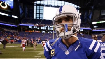 Oct 30, 2016; Indianapolis, IN, USA; Indianapolis Colts quarterback Andrew Luck (12) walks off the field after a game against the Kansas City Chiefs at Lucas Oil Stadium. Kansas City defeats Indianapolis 30-14. Mandatory Credit: Brian Spurlock-USA TODAY Sports