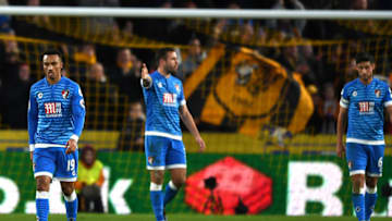 HULL, ENGLAND - JANUARY 14: Junior Stanislas of AFC Bournemouth (L) is dejected after Hull City third goal during the Premier League match between Hull City and AFC Bournemouth at KCOM Stadium on January 14, 2017 in Hull, England. (Photo by Gareth Copley/Getty Images)