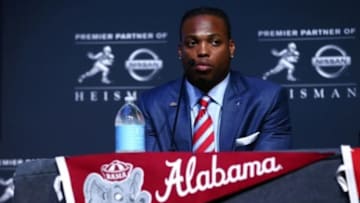 Dec 12, 2015; New York, NY, USA; Alabama running back Derrick Henry during a press conference at the New York Marriott Marquis prior to the 81st annual Heisman Trophy presentation. Mandatory Credit: Brad Penner-USA TODAY Sports