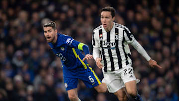 LONDON, ENGLAND - NOVEMBER 23: Federico Chiesa of Juventus and Jorginho of Chelsea FC during the UEFA Champions League group H match between Chelsea FC and Juventus at Stamford Bridge on November 23, 2021 in London, England. (Photo by Visionhaus/Getty Images)