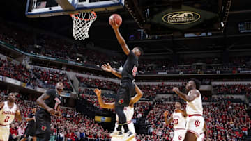 Dec 31, 2016; Indianapolis, IN, USA; Louisville Cardinals guard Donovan Mitchell (45) lays the ball in against the Indiana Hoosiers at Bankers Life Fieldhouse. Louisville defeats Indiana 77-62. Mandatory Credit: Brian Spurlock-USA TODAY Sports