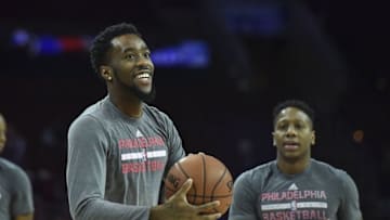 Dec 5, 2015; Philadelphia, PA, USA; Philadelphia 76ers guard Tony Wroten (1) warms up before the the game against the Denver Nuggets at the Wells Fargo Center. Mandatory Credit: John Geliebter-USA TODAY Sports