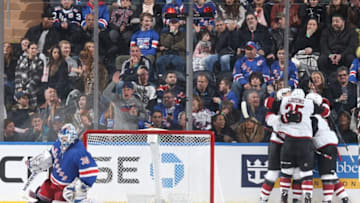 NEW YORK, NY - DECEMBER 14: Members of the Arizona Coyotes celebrate after a goal by Oliver Ekman-Larsson #23 in in the third period against Henrik Lundqvist #30 of the New York Rangers at Madison Square Garden on December 14, 2018 in New York City. (Photo by Jared Silber/NHLI via Getty Images)