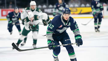 EVERETT, WASHINGTON - APRIL 02: Seattle Thunderbirds forward Henrik Rybinski #12 chases down the puck during a game between the Seattle Thunderbirds and the Everett Silvertips at Angel of the Winds Arena on April 02, 2021 in Everett, Washington. (Photo by Christopher Mast/Getty Images)