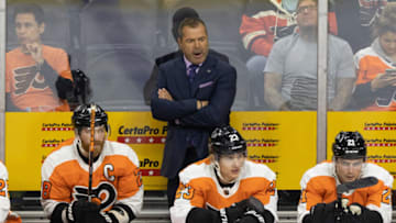 Oct 18, 2021; Philadelphia, Pennsylvania, USA; Philadelphia Flyers head coach Alain Vigneault during the third period against the Seattle Kraken at Wells Fargo Center. Mandatory Credit: Bill Streicher-USA TODAY Sports