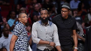 OKC Thunder: Russell Westbrook, James Harden and Kevin Durant. (Photo by Ronald Martinez/Getty Images)