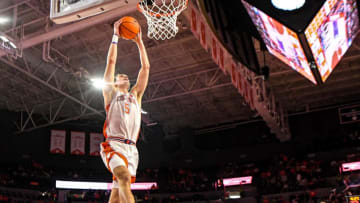Jan 11, 2023; Clemson, South Carolina, USA; Clemson Tigers forward Hunter Tyson (5) dunks against the Louisville Cardinals during the second half at Littlejohn Coliseum. Mandatory Credit: Ken Ruinard-USA TODAY Sports