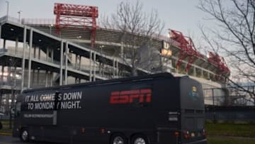 Dec 17, 2012; Nashville, TN, USA; General view of the ESPN monday night football bus at LP Field before the NFL game between the New York Jets and Tennessee Titans. Mandatory Credit: Kirby Lee/Image of Sport-USA TODAY Sports