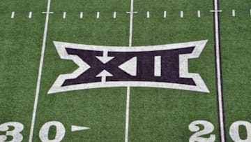MANHATTAN, KS - NOVEMBER 16: A general view of the Big 12 logo on the field at Bill Snyder Family Football Stadium prior to a game between the Kansas State Wildcats and West Virginia Mountaineers on November 16, 2019 in Manhattan, Kansas. (Photo by Peter G. Aiken/Getty Images)