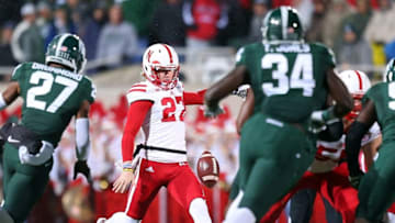 Oct 4, 2014; East Lansing, MI, USA; Nebraska Cornhuskers punter Sam Foltz (27) attempts a punt during the 1st quarter of a game at Spartan Stadium. Mandatory Credit: Mike Carter-USA TODAY Sports