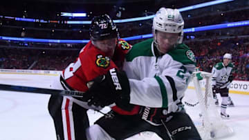 Nov 6, 2016; Chicago, IL, USA; Chicago Blackhawks left wing Artemi Panarin (72) checks Dallas Stars defenseman Esa Lindell (23) during the first period at United Center. Mandatory Credit: Mike DiNovo-USA TODAY Sports