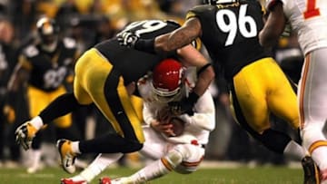 November 12, 2012; Pittsburgh , PA, USA; Pittsburgh Steelers defensive end Brett Keisel (99) sacks Kansas City Chiefs quarterback Matt Cassel (7) with Pittsburgh Steelers defensive end Ziggy Hood (96) during the second half of the game at Heinz Field. The Steelers won the game, 16-13, in overtime. Mandatory Credit: Jason Bridge-USA TODAY Sports