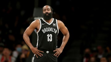 Jan 25, 2022; Brooklyn, New York, USA; Brooklyn Nets guard James Harden (13) reacts during the fourth quarter against the Los Angeles Lakers at Barclays Center. Mandatory Credit: Brad Penner-USA TODAY Sports