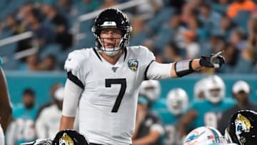 MIAMI, FL - AUGUST 22: Nick Foles #7 of the Jacksonville Jaguars points to the defense during the first quarter of the preseason game against the Miami Dolphins at Hard Rock Stadium on August 22, 2019 in Miami, Florida. (Photo by Eric Espada/Getty Images)