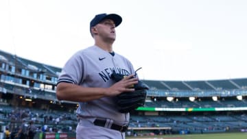 Aug 25, 2022; Oakland, California, USA; New York Yankees starting pitcher Jameson Taillon (50) walks out from the dugout before the start of the first inning against the Oakland Athletics at RingCentral Coliseum. Mandatory Credit: Stan Szeto-USA TODAY Sports