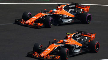 MEXICO CITY, MEXICO - OCTOBER 28: Stoffel Vandoorne of Belgium driving the (2) McLaren Honda Formula 1 Team McLaren MCL32 and Fernando Alonso of Spain driving the (14) McLaren Honda Formula 1 Team McLaren MCL32 on track during qualifying for the Formula One Grand Prix of Mexico at Autodromo Hermanos Rodriguez on October 28, 2017 in Mexico City, Mexico. (Photo by Clive Rose/Getty Images)
