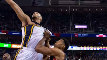Jan 9, 2016; Salt Lake City, UT, USA; Utah Jazz center Rudy Gobert (27) goes up for a rebound over Miami Heat center Hassan Whiteside (21) during the first half at Vivint Smart Home Arena. Mandatory Credit: Russ Isabella-USA TODAY Sports