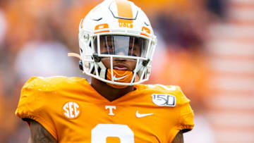 KNOXVILLE, TN - OCTOBER 12: Alontae Taylor #2 of the Tennessee Volunteers looks on during a game against the Mississippi State Bulldogs at Neyland Stadium on October 12, 2019 in Knoxville, Tennessee. (Photo by Carmen Mandato/Getty Images)