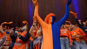 Dec 3, 2021; Champaign, Illinois, USA; The Illinois Fighting Illini student section, the Orange Crush, cheer on their team during the first half against the Rutgers Scarlet Knights at State Farm Center. Mandatory Credit: Ron Johnson-USA TODAY Sports