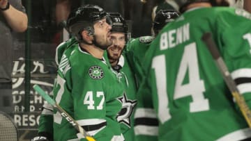 DALLAS, TX - OCTOBER 6: Alexander Radulov #47, Tyler Seguin #91 and the Dallas Stars celebrate a goal against the Winnipeg Jets at the American Airlines Center on October 6, 2018 in Dallas, Texas. (Photo by Glenn James/NHLI via Getty Images)